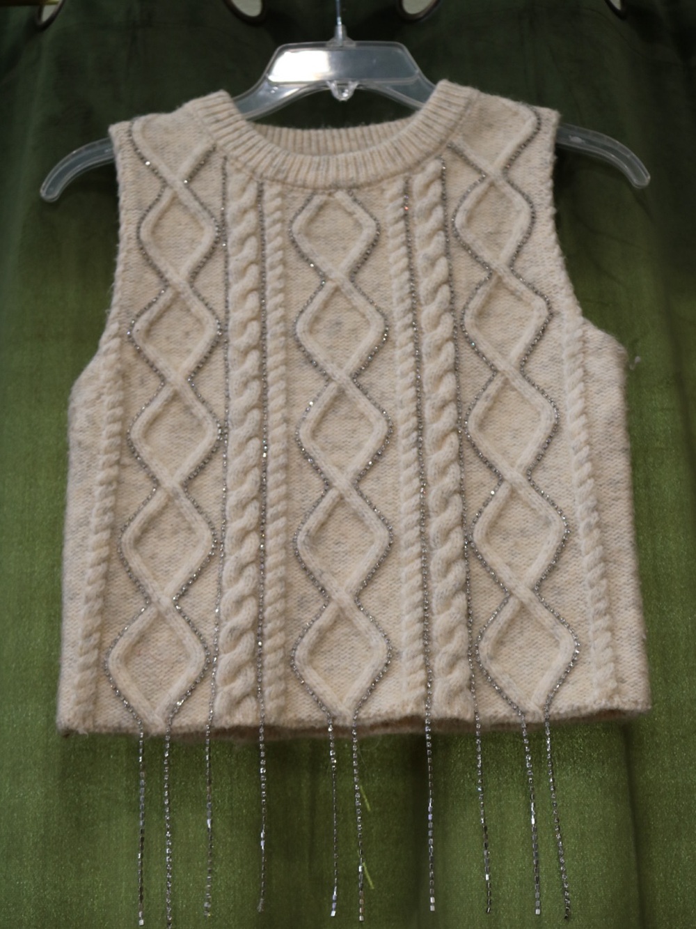 Beige Cable Knit Sleeveless Crop Sweater Tank with Rhinestone Fringe